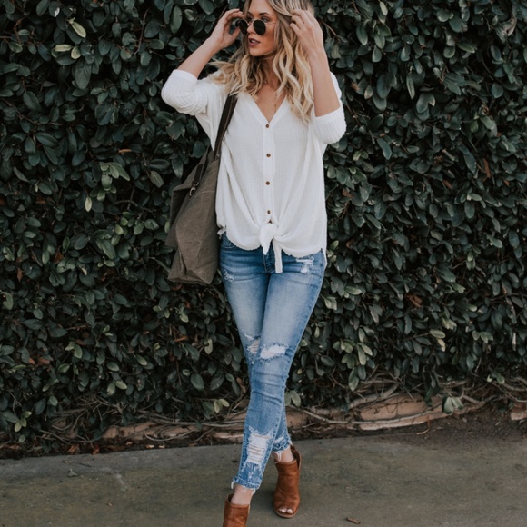 White Button Up Waffle Knit Thermal - Picture 2 of 8